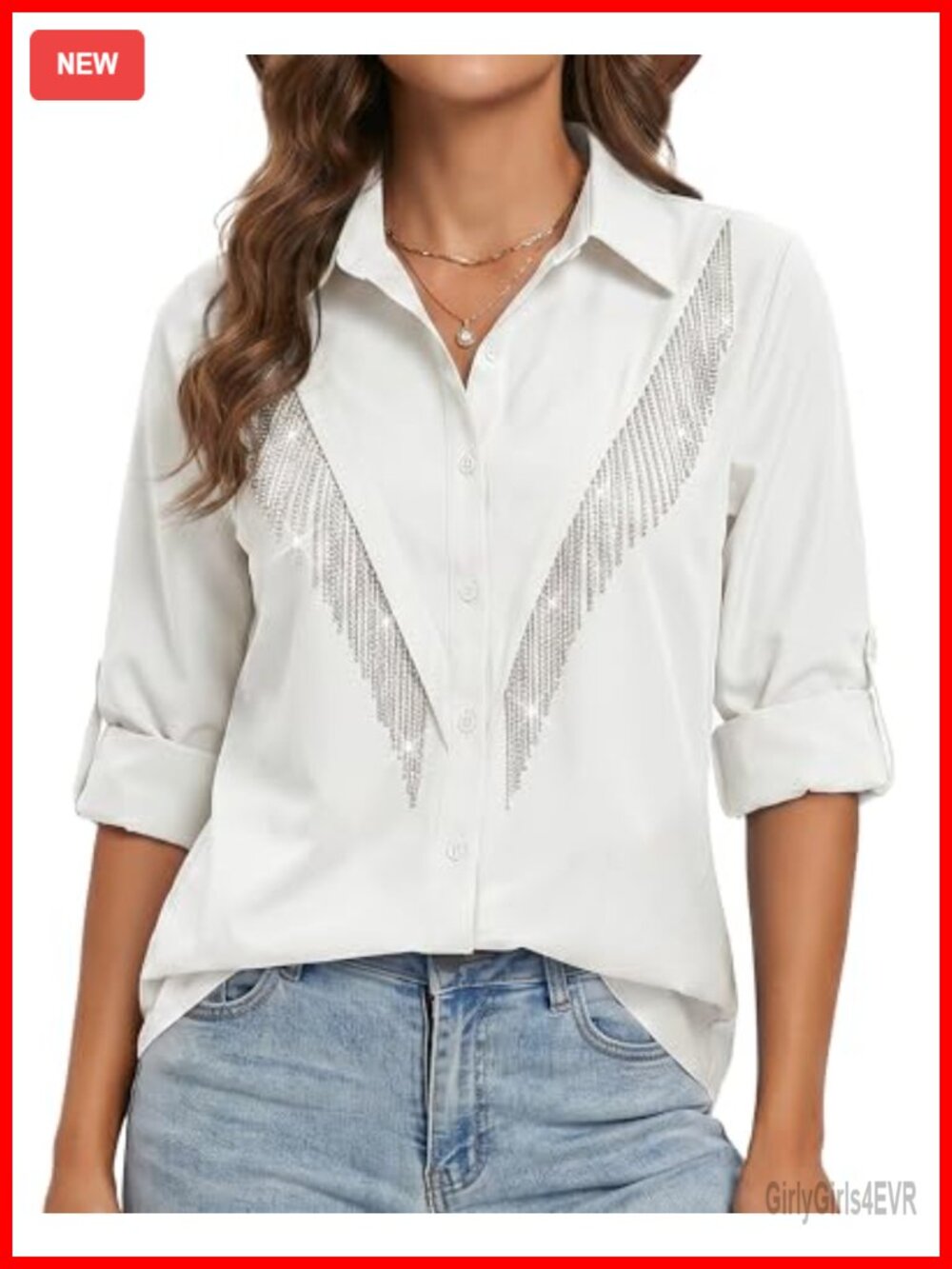 Western Fringe Button Down Shirt Rolled 3/4 Sleeve Rhinestone